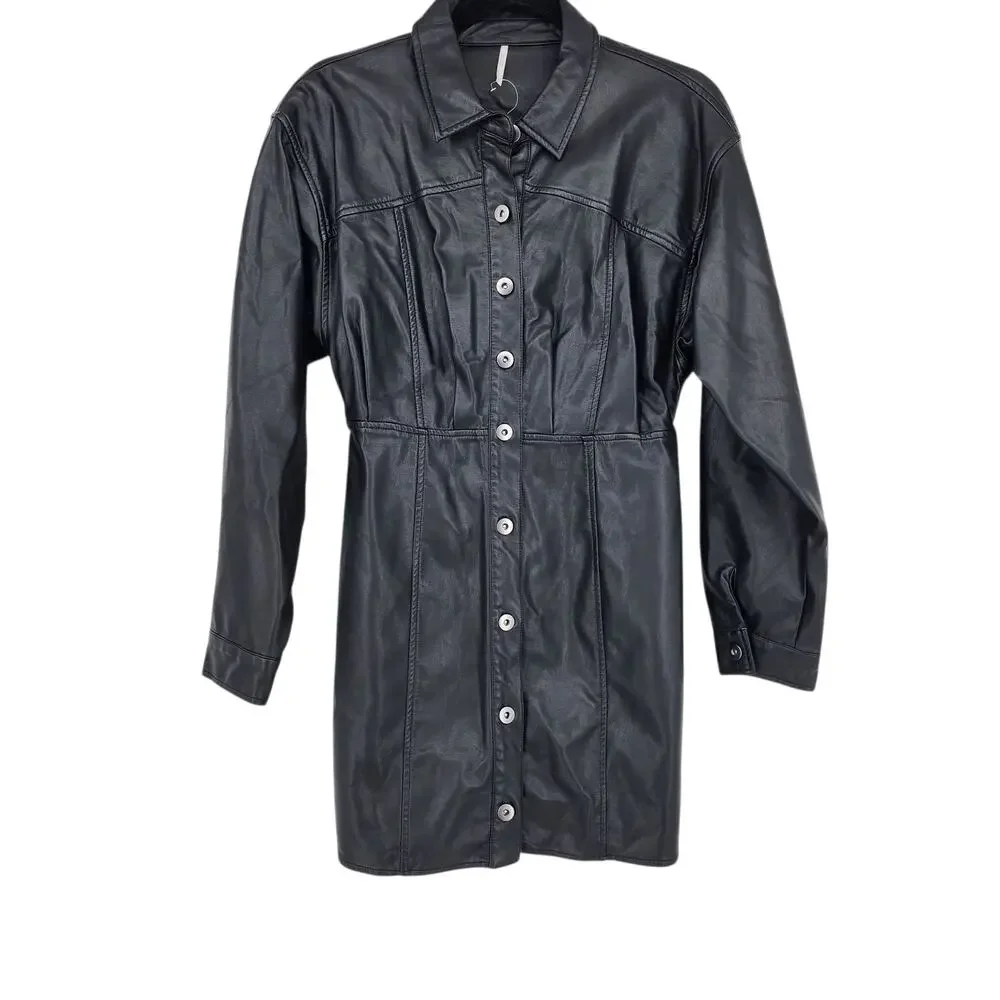 Free People X Amber Black Faux Button Front Long Sleeve Mini Dress Size 8